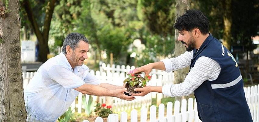 Kartepe Belediyesi Kurban Bayramı arifesinde mezarlıklarda çiçek dağıttı. Kartepe Belediye
